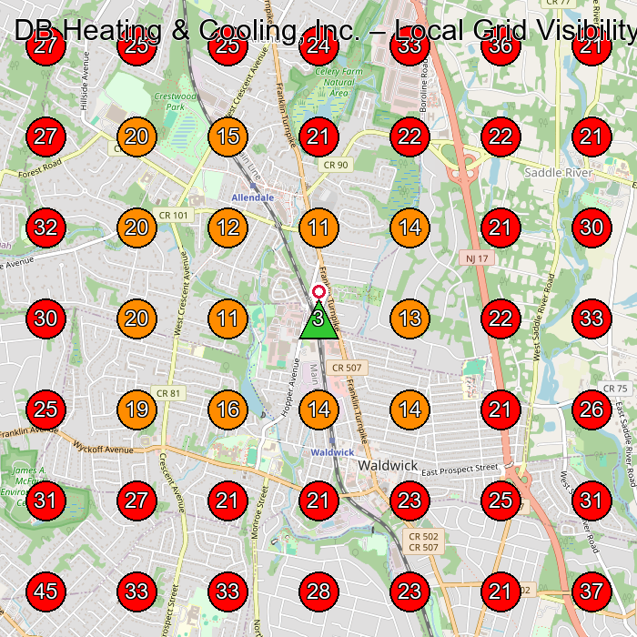 DB Heating & Cooling, Inc. GeoGrid visibility map for Hvac Contractor in Hillburn